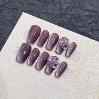 Wearing Armor Handmade Manicure Finished Fake Nail Patch Pure Desire Purple Cat Eye Flash Diamond Extra Small XS