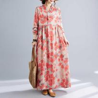New Retro Printed Loose Belly Shading Mulle Lace Long Sleeve Dresses L