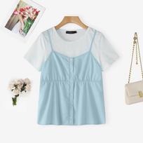 ZANZEA Women Summer Casual Fake Two Piece Patchwork Short Sleeve T-Shirts S šviesiai mėlyna spalva