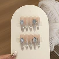 Handmade Nude Color Gradient French Cat Eye Sequins Pile Round Diamond Square Diamond Light Green Blue Wear Armor XS