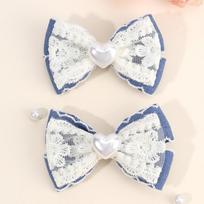 2Pcs Denim Pearls Bow Hair Clip Delicate Lace Flower Hairpins Floral Embroidery Barrette For Girls Children Headwear Accessories
