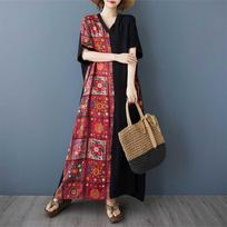 Ladies' Red Square Grid Splicing Black Long Dress Vintage Robe One size