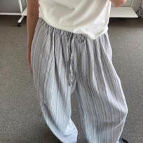 Summer Korean Minimalist Lazy Vintage Thin Blue Striped Drawstring Elastic-Waist Loose Casual Trousers S