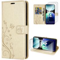 Case + 2 Tempered Glasses for Xiaomi Redmi Note 14 Pro Plus 5G/Note 14 Pro+ 5G, Synthetic Leather Golden Flower Butterfly Pattern