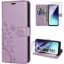 Case and 2 Tempered Glasses for Xiaomi Redmi 14C, Purple Synthetic Leather Flap Protection with Floral Butterfly Pattern