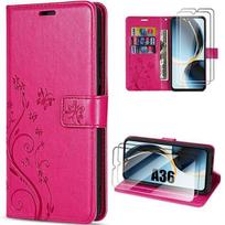 Case for Samsung Galaxy A36 5G - BOOLING - Fuchsia Synthetic Leather Butterfly Flower Pattern - 2 Tempered Glasses fuksija