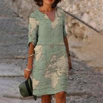 Women's Fashion Casual Map Print V-neck Mid-sleeve Stitching Loose Waist Straight Dress L žalia