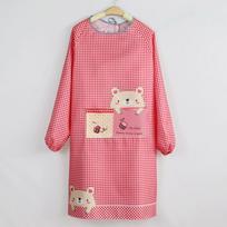 1pc Cute Bear Design Kitchen Apron with Pockets  Breathable Polyester Long Sleeve Cover Up raudona