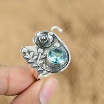 Natural Swiss Blue Topaz Multi Stone Flower Adjustable Ring 925 Silver Yes