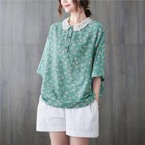 2023 Summer Floral Lace Collar Cotton Linen Plus Size Women's Casual Slimming T-Shirt Plus Size žalia
