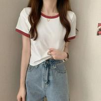 Women's 2023 Korean-Style Slim Fit Color Block Round Neck Short Sleeve T-Shirt L balta