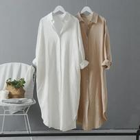 2025 Spring/Autumn Korean-Style Solid Color Plus Size Loose Mid-Length Long Sleeve Women's Shirt L balta