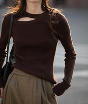 Coffee Color Merino Wool Women's Sweater with High-Stretch Irregular Cutout Design One Size