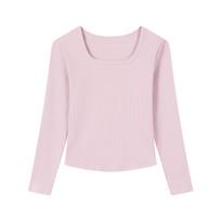 Women's Slim Fit Ribbed Square Neck Long Sleeve Top - Versatile Autumn Fashion One Size rožinė