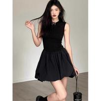 Elegant Black Floral Short Dress for Women - French Style Trendy Bud Design M