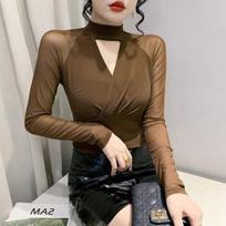 2023 European Spring Slimming Mesh Splice Long Sleeve Women's Blouse M juoda