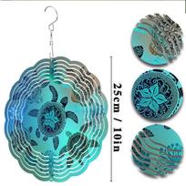 10 Inch Hanging Sea Turtle Wind Spinner Metal Garden Decor with Intricate Leaf and Flower Design in Soothing Blue and 01A