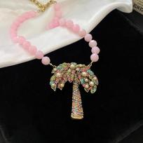 Vintage Retro Women Girls Elegant Coconut Palm Pearl Heavy Industry Crystal Brooches Fashion Lady Middle Plant Necklace Earrings