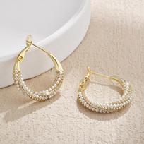 French Pearl Diamond Twisted 14K Gold Plated Hoop Earrings - Light Luxury Versatile Design