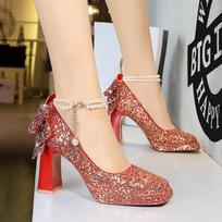 Sweet Pearl Straw High Heels Women's Water Diamond Bow Square Head Waterproof Platform Coarse Straw Shoes 35 raudona