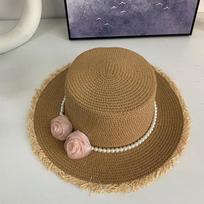 Summer Flower Bow Pearl Braided Straw Hat Women's New French Top Hat Seaside Beach Sunshade Straw Hat one size fits all