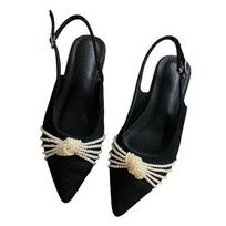 Spring and summer single shoes suede pearl bow low heel pointed head light mouth flat bottom women's shoes black 35