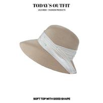 Women's Summer Sun Protection Straw Hat Japanese Pearl Gauze Fold Fisherman Hat Bow Basin Hat Seaside Sun Hat Tide
