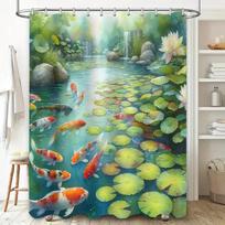Vibrant Fishes Shower Curtain with Lotus Pond Scene Waterproof Fabric for Bathroom Decorations Multi-Colored Koi Carps Design W90xH180cm
