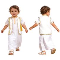 Infant Arab Dubai Traditional Vest Top Vintage Metallic Fringe Trim Open Front Sleeveless for Ramadan Celebration Party Wear 0-3 Months balta