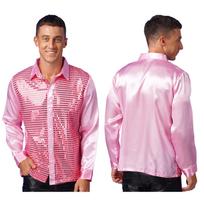 Mens Shiny Sequin Dance Shirt Latin Jazz Performance Wear Turn Down Collar Long Sleeve Patchwork Top S rožinė