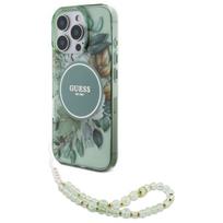 GUESS GUHMP16XHFWBRCESN iPhone 16 Pro Max 6.9" green hard case with IML Flowers and Pearl Strap, MagSafe compatible