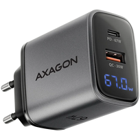 AXAGON ACU-PQ67D GaN sieninis įkroviklis su LCD, 67W, USB-C, USB-A, PD 3.0, PPS, pilkas