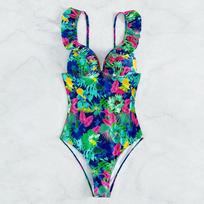 Push Up One Piece Swimsuit Women 2024 Sexy Printed Floral Ruffle Trikini Swimming Suit for Women Swimwear Plus Size Bathing Suit S žalia