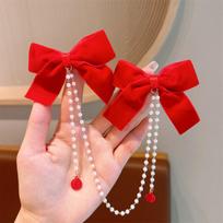 Red New Year Tassel Bow Hairpin with Pearls for Girls
