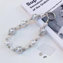 Luxury Pearl Crystal Bead Key Wrist Chains Rhinestone Lanyard for iPhone Xiaomi Vivo Universal Jewelry Anti-Lost Pendant Charm Plastic