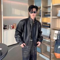 Hong Kong Retro Stand Collar PU Leather Jacket: Men's Trendy, Loose, Padded Shoulder, Motorcycle Style for Spring and Autumn. XL