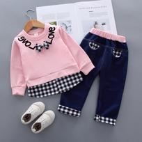 Korean Style Children's Autumn New Korean Style Fake Two-Piece Long Sleeve Top and Long Pants Girls' Set Kids' Clothing 80cm rožinė