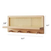 Japanese Style Solid Wood Rattan Wall Shelf with Hooks for Books, Magazines, and Keys Screw Option