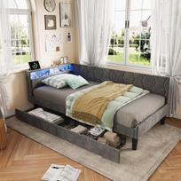 Sofa-lova 90x200 cm - LED ir USB - 2 stalčiai - Aksominė - Pilka