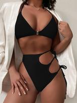 Seksualus moteriškas suskirstytas maudymosi kostiumėlis, juodas maudymosi kostiumėlis, naujas, 2024 m., Moterų iškirpti monokini braziliško kirpimo bikiniai, grandinėlinis maudymosi kostiumėlis suvarstomas L juoda
