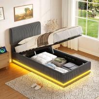 Polsteruotas lovos rėmas, LED, USB-C, reguliuojama, 90x200 cm