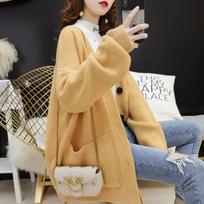 College Lazy Loose Candy Color V-Neck Knitted Cardigan Spring and Autumn Pocket Sweater Jacket Women 412-61 (average size) geltona