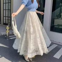 Women's Double-Sided Lace A-Line Pleated Long Flare Skirt for Autumn One Size abrikosas