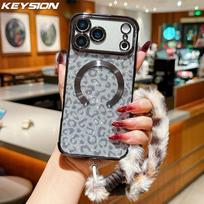 KEYSION Glitter Leopard Print Magnetic Phone Case for iPhone 13 14 15 16 17 Pro Max 17 Air 16 Plus With Plush Lanyard Shockproof Cover for iPhone 17 juoda