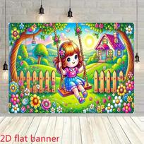 Whimsical Kids 2D Backdrop, Playful Girl & Sunny Garden Photo Background 47.2x31.5inch/120*80cm