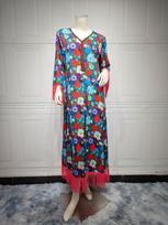 AB366 Women's Ethnic Jalabiya: Arabic Print Casual Dubai Muslim Robe Small