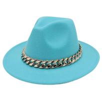 Jazz Hat Big Gold Acrylic Chain Top Hat European And American Style New Felt Hat Fedora M（56-58cm） ežero mėlyna spalva