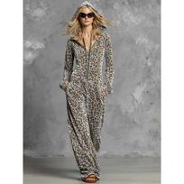 2025 European Autumn/Winter Gold Velvet Leopard Print Wide-Leg Hooded Jumpsuit M