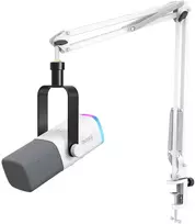 FIFINE AmpliGame AM8T Baltas laidinis mikrofonas su stovu ir RGB apšvietimu | USB/XLR