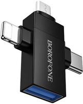 Borofone Adapteris BV26D – USB to Lightning/Type C/Micro USB – juodos spalvos